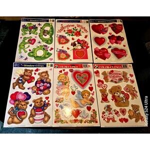 Vintage Valentine 1990-2003 Large Window Clings Set 6 Frogs Bears Cupids Hearts